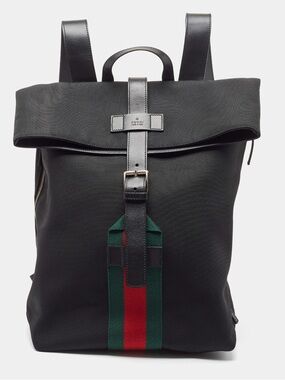 Gucci Black Canvas Roll-Top Backpack with Green and Red Web Stripe